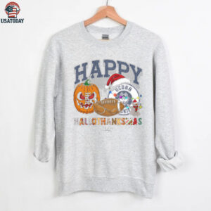 Funny HalloThanksMas UConn Huskies Shirt, Personalized Holiday Tee with Pumpkin Football Santa Hat, NCAA Fan Gift for Halloween Thanksgiving Christmas
