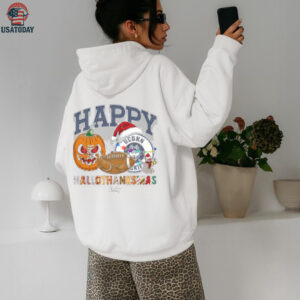 Funny HalloThanksMas UConn Huskies Shirt, Personalized Holiday Tee with Pumpkin Football Santa Hat, NCAA Fan Gift for Halloween Thanksgiving Christmas