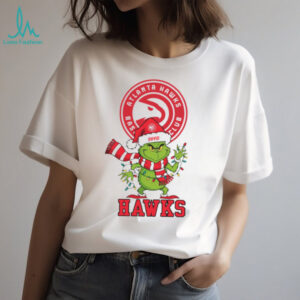 Funny NBA Holiday Gift Tee, Personalized Atlanta Hawks Christmas Shirt with Grinch Santa Hat Lights Scarf