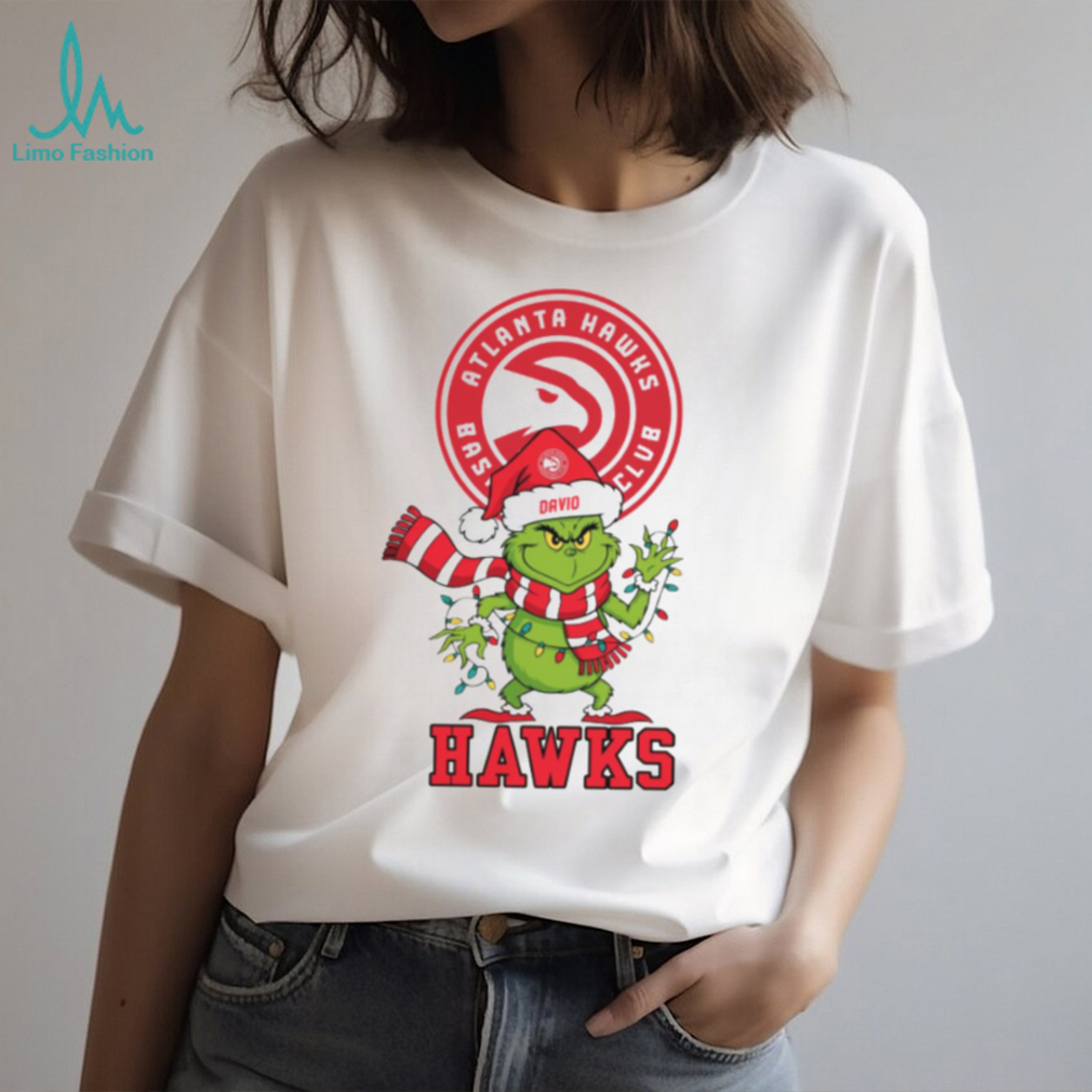 Funny NBA Holiday Gift Tee, Personalized Atlanta Hawks Christmas Shirt with Grinch Santa Hat Lights Scarf Funny NBA Holiday Gift Tee, Personalized Atlanta Hawks Christmas Shirt with Grinch Santa Hat Lights Scarf
