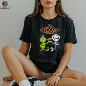 Grinch And Jack Skellington Fist Bump Friends Texas Roadhouse Halloween Logo Shirt