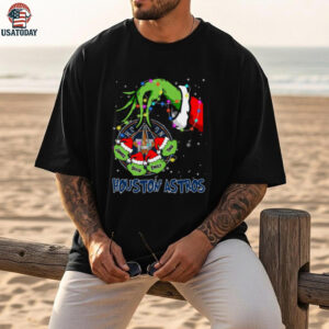 Houston Astros Custom Name Grinch Xmas Lights Tee – Personalized MLB Baseball Holiday Fan Gift Shirt