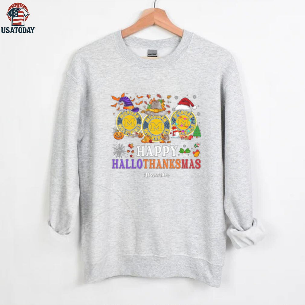 Michigan Wolverines Happy Hallothanksmas Football Tee – Custom Name NCAA Holiday Shirt, Ugly Christmas Party Outfit, Gift Idea Michigan Wolverines Happy Hallothanksmas Football Tee – Custom Name NCAA Holiday Shirt, Ugly Christmas Party Outfit, Gift Idea
