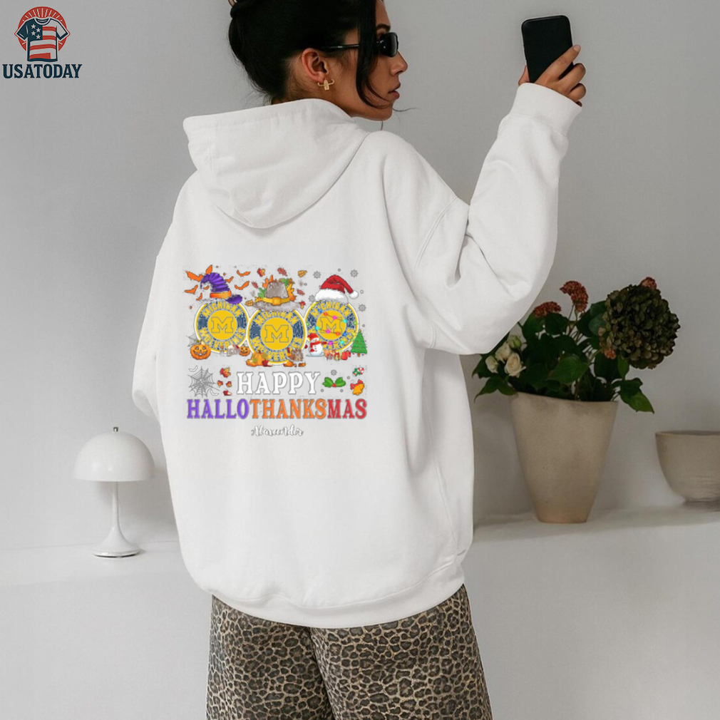 Michigan Wolverines Happy Hallothanksmas Football Tee – Custom Name NCAA Holiday Shirt, Ugly Christmas Party Outfit, Gift Idea Michigan Wolverines Happy Hallothanksmas Football Tee – Custom Name NCAA Holiday Shirt, Ugly Christmas Party Outfit, Gift Idea