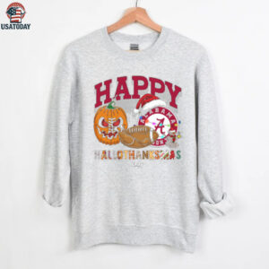 Personalized Alabama Crimson Tide HalloThanksMas Tee, Funny Holiday Shirt with Pumpkin Football Santa Hat, NCAA Gift for Halloween Thanksgiving Christmas