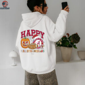 Personalized Alabama Crimson Tide HalloThanksMas Tee, Funny Holiday Shirt with Pumpkin Football Santa Hat, NCAA Gift for Halloween Thanksgiving Christmas