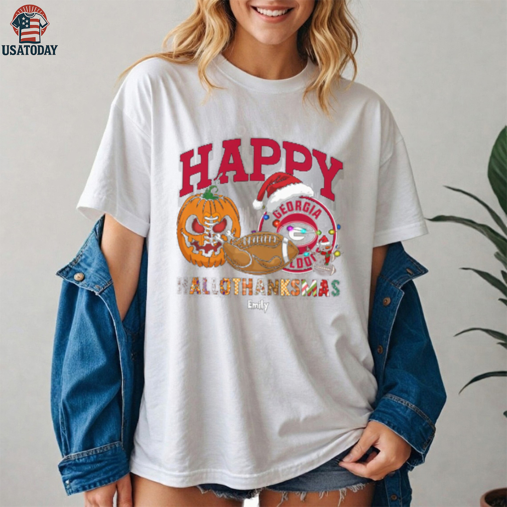 Personalized Georgia Bulldogs HalloThanksMas Tee, Funny Holiday Shirt with Pumpkin Football Santa Hat, NCAA Gift for Halloween Thanksgiving Christmas Personalized Georgia Bulldogs HalloThanksMas Tee, Funny Holiday Shirt with Pumpkin Football Santa Hat, NCAA Gift for Halloween Thanksgiving Christmas
