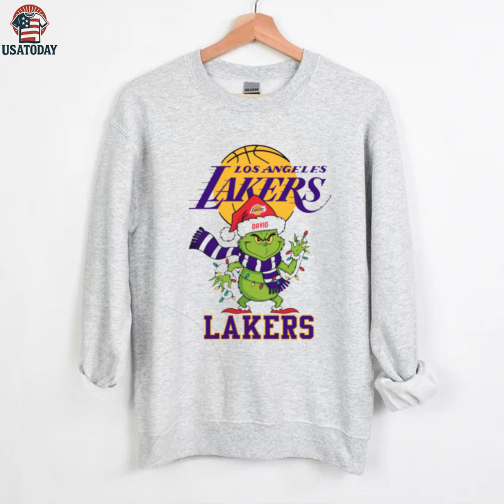 Personalized Lakers Christmas Shirt, Grinch Santa Hat Holiday Tee with Lights Scarf, Cute NBA Basketball Gift for Fans Personalized Lakers Christmas Shirt, Grinch Santa Hat Holiday Tee with Lights Scarf, Cute NBA Basketball Gift for Fans