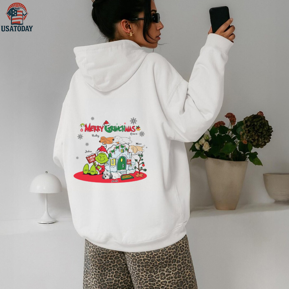 Personalized Merry Grinchmas Shirt, Custom Grinch Christmas T Shirt with Dogs and Family Names, Funny Holiday Gift Personalized Merry Grinchmas Shirt, Custom Grinch Christmas T Shirt with Dogs and Family Names, Funny Holiday Gift