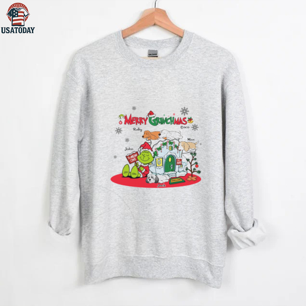 Personalized Merry Grinchmas Shirt, Custom Grinch Christmas T Shirt with Dogs and Family Names, Funny Holiday Gift Personalized Merry Grinchmas Shirt, Custom Grinch Christmas T Shirt with Dogs and Family Names, Funny Holiday Gift