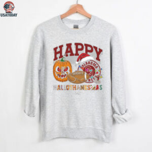 Personalized Oklahoma Sooners HalloThanksMas Tee, Funny Holiday Shirt with Pumpkin Football Santa Hat, NCAA Gift for Halloween Thanksgiving Christmas