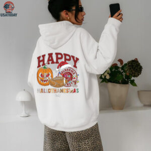 Personalized Oklahoma Sooners HalloThanksMas Tee, Funny Holiday Shirt with Pumpkin Football Santa Hat, NCAA Gift for Halloween Thanksgiving Christmas