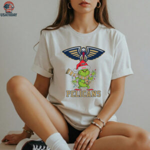 Personalized Pelicans Grinch Christmas Tee, Holiday Shirt with Santa Hat Lights Scarf, Funny NBA Basketball Fan Gift Idea
