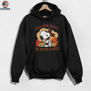 Snoopy Fall For Jesus He Never Leaves Christian Faith Autumn Pumpkin T Shirt